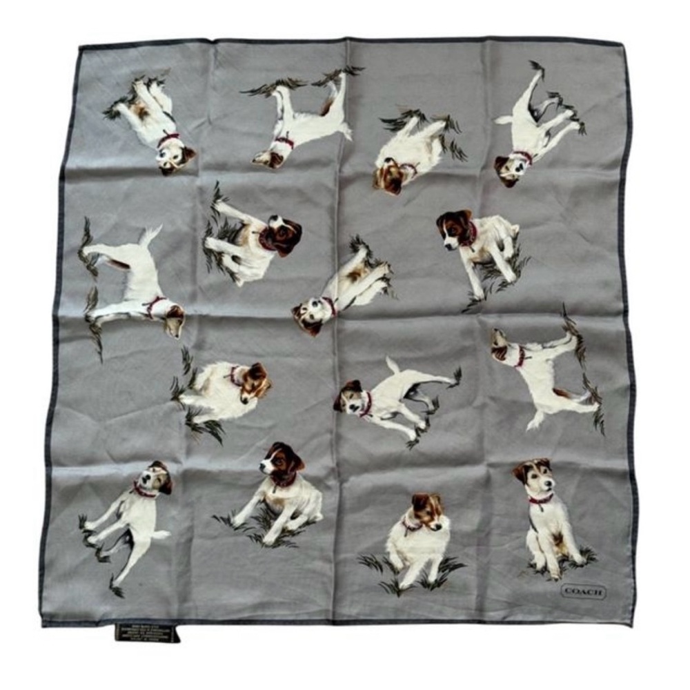 Rare Vintage Coach Designer Jack Russell Terrier Dog Silk Scarf 21", Japan